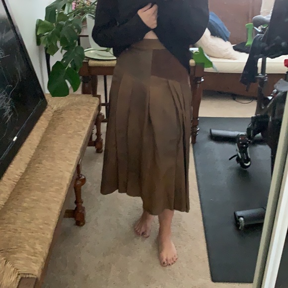 Vintage brown leather pleated midi skirt - Picture 5 of 12